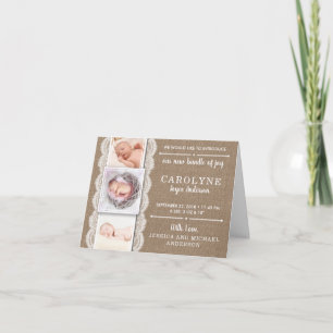 Burlap & Lace Rústico 3 Anuncio de nacimiento de