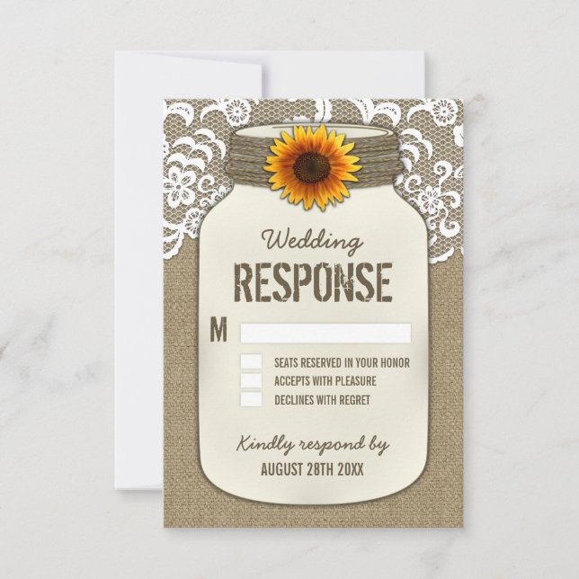 Burlap Lace Sunflower Mason Jar Wedding Tarjetas R (Anverso)