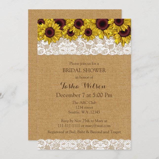 Burlap Lace Sunflowers Invitación a una ducha de n (Anverso / Reverso)