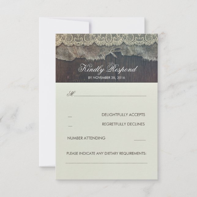 Burlap Lace y Wood Rustic Wedding RSVP (Anverso)