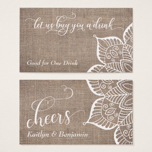 Burlap & Mandala con guión, entradas para bebidas (Anverso y reverso)