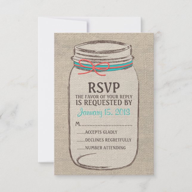 Burlap Mason Jar Rustic RSVP Card (Anverso)