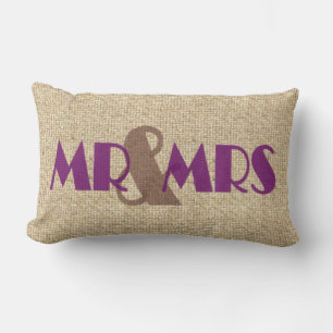 Burlap morado mr boda almohada decorativa