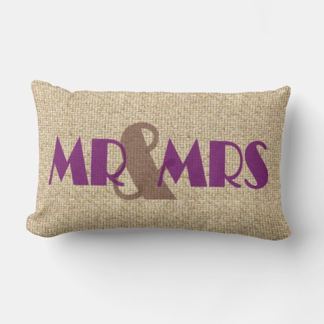 Burlap morado mr boda almohada decorativa (Anverso)