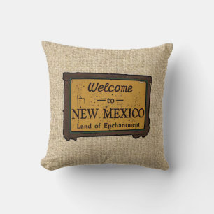 Burlap Nuevo México signo de bienvenida almohada d