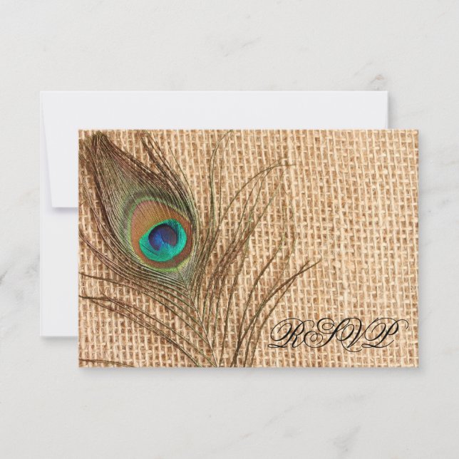 Burlap Peacock Feather Wedding RSVP (Anverso)