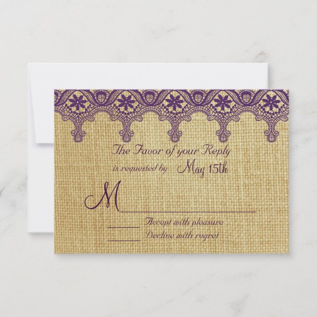 Burlap Purple Damask Lace Wedding Tarjetas RSVP (Anverso)