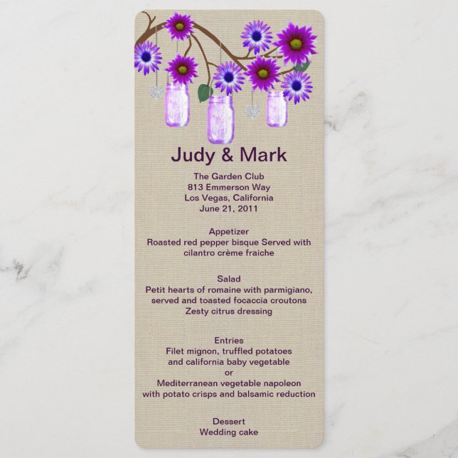 Burlap Rustic Purple Mason Jars Menú Card (Anverso)