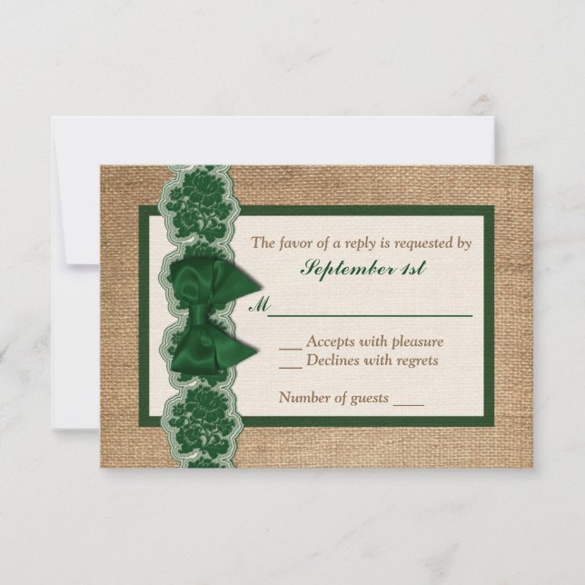 Burlap Rústico, Lace IMPRESO, Tarjeta RSVP de Boda (Anverso)