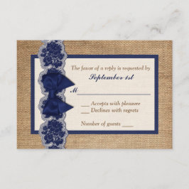 Burlap Rústico, Lace IMPRESO, Tarjeta RSVP de Boda