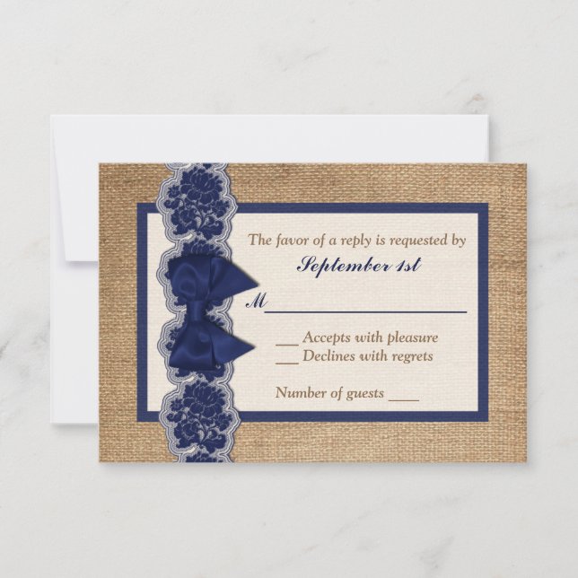 Burlap Rústico, Lace IMPRESO, Tarjeta RSVP de Boda (Anverso)