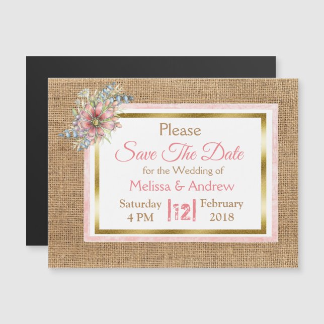 Burlap Shabby Floral Salvar el imán Boda de la fec (Anverso/Reverso)
