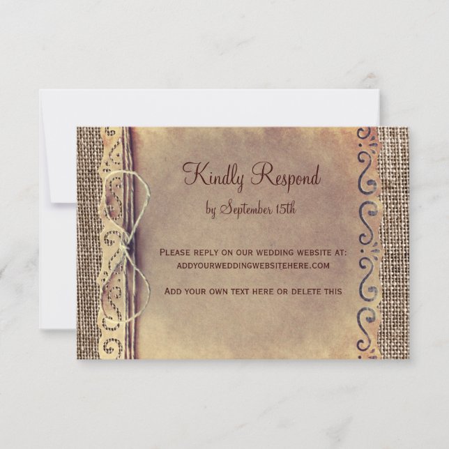 Burlap Wedding RSVP Card V2 de campo rústico vinta (Anverso)