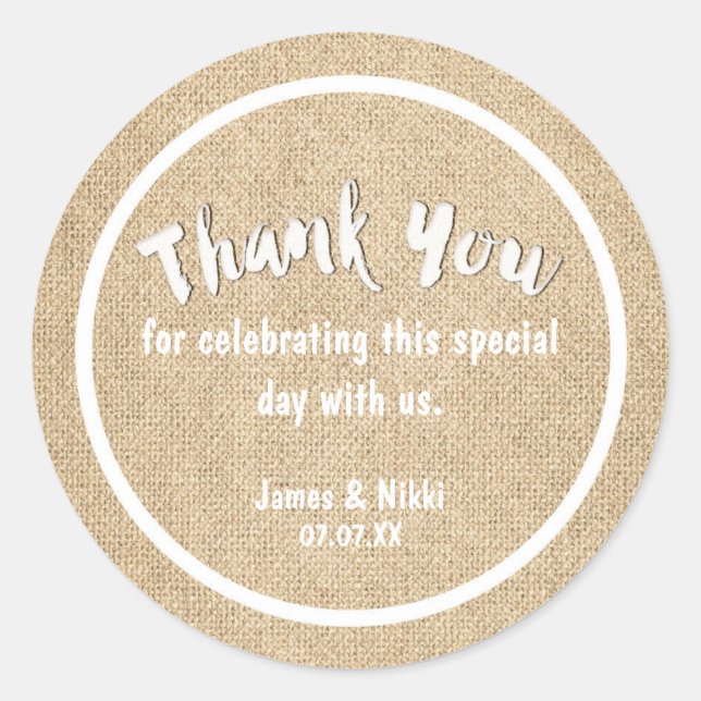 Burlap white GRACIAS Pegatina Rústico Boda (Anverso)