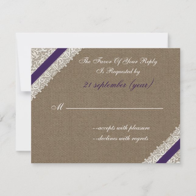 Burlap y encaje de FAUX con rsvp púrpura (Anverso)