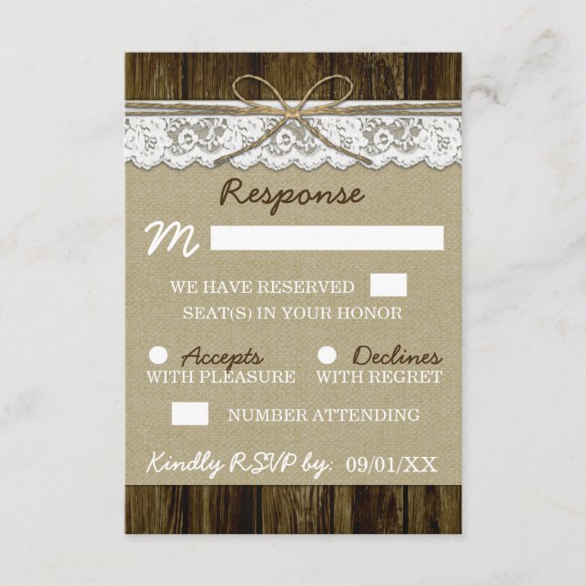 Burlap y Lace con tarjetas RSVP de matrimonio geme (Anverso)