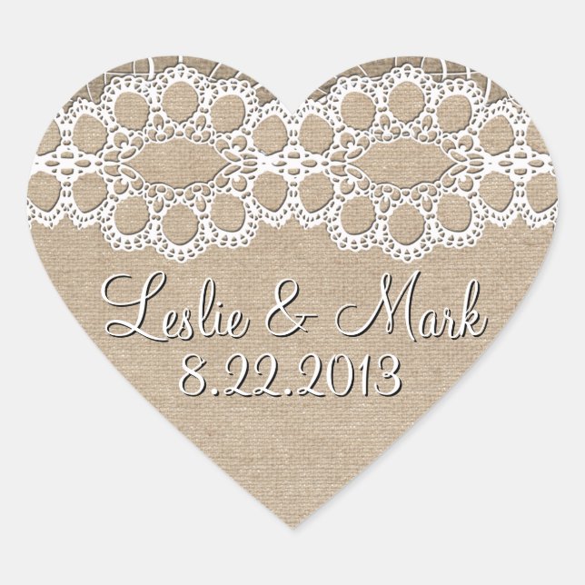 Burlap y Lace Shabby Boda Date Pegatina (Anverso)