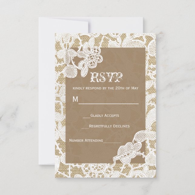 Burlap y White Floral Lace Rustic Wedding RSVP (Anverso)