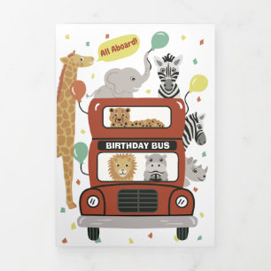 Bus y animales Tarjeta de cumpleaños triple con ju