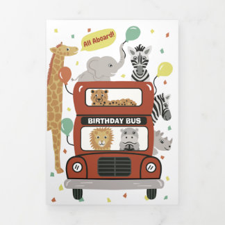 Bus y animales Tarjeta de cumpleaños triple con ju