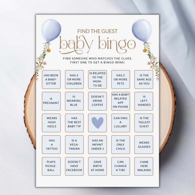 Buscar la tarjeta de juego Baby Shower de globo az (Find The Guest Blue Balloon Baby Shower Game Card)