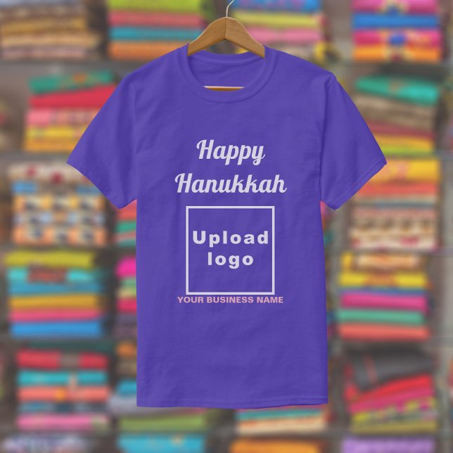 Business Hanukkah Greeting sobre la camiseta morad (Hanukkah greeting, business name and logo on purple t-shirt)