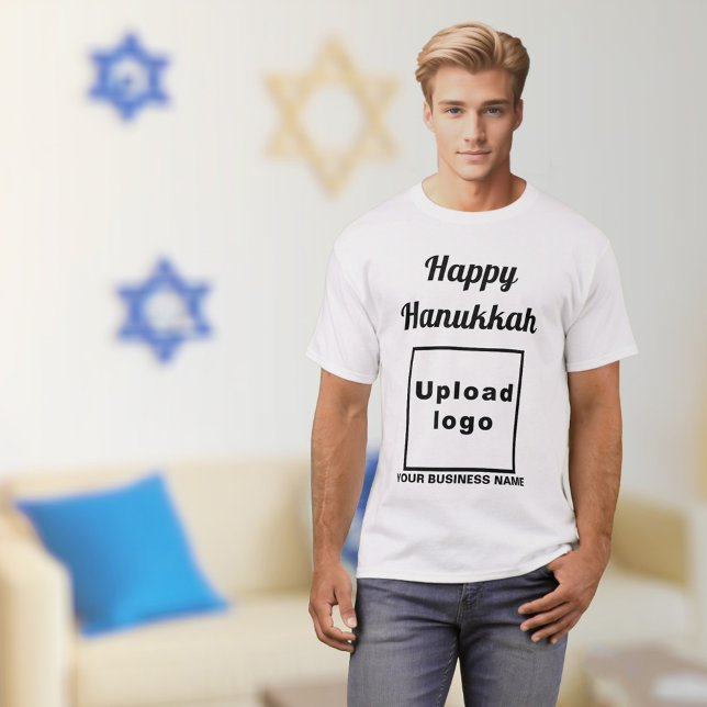 Business Hanukkah saludo en camiseta blanca (Hanukkah greeting, business name and logo on white t-shirt)