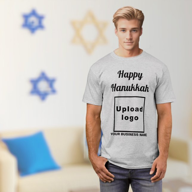 Business Hanukkah saludo en camiseta gris (Hanukkah greeting, business name and logo on gray t-shirt)