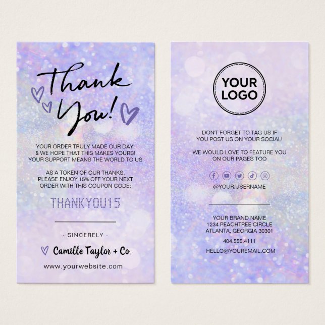 Business Thank You Discount Card Glitter Bokeh (Anverso y reverso)