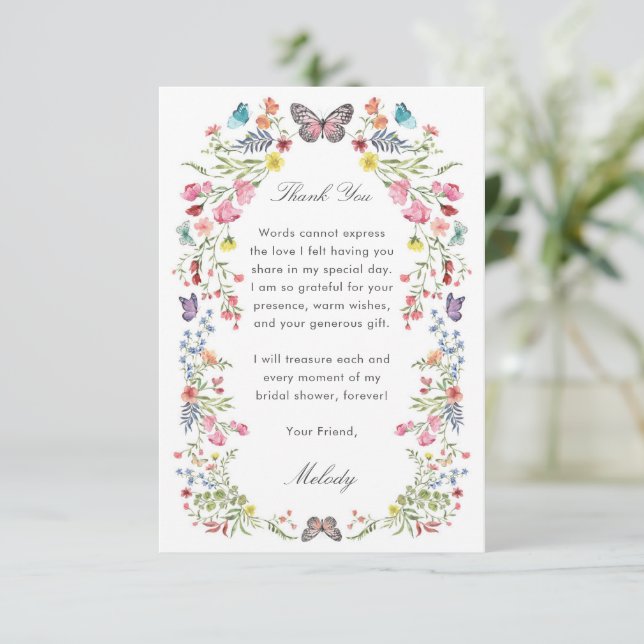 Butfly Wildflower Bridal Shower - Tarjeta de agrad (Anverso de pie)