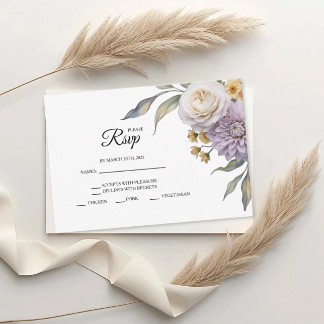 Butter Yellow And Lilac Floral Wedding RSVP Cards (Subido por el creador)