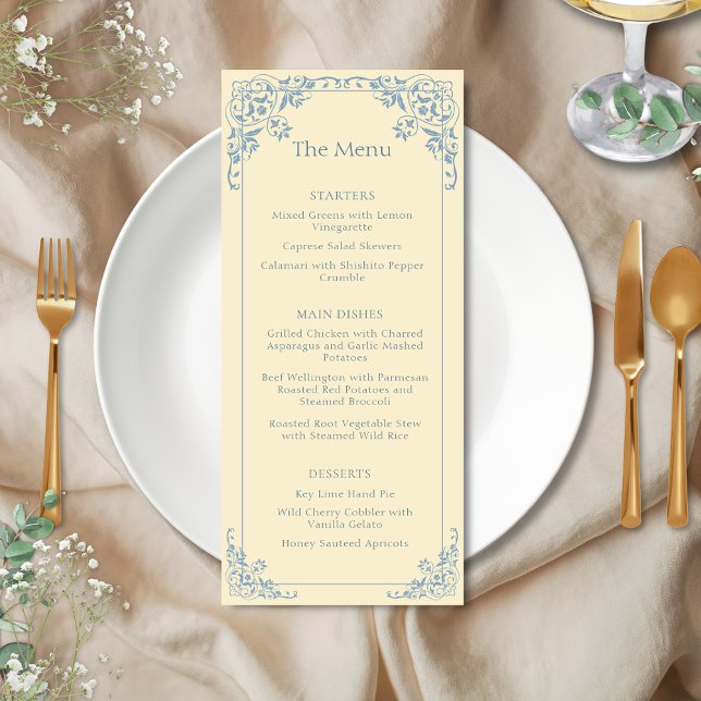 Butter Yellow Dusty Blue Elegant Wedding Menú (Elegant butter yellow and dusty blue vintage old money shabby chic coastal wedding event menu)