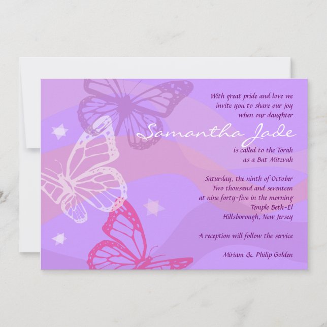 BUTTERFLIES & STARS Bat Mitzvah Invitación (Anverso)