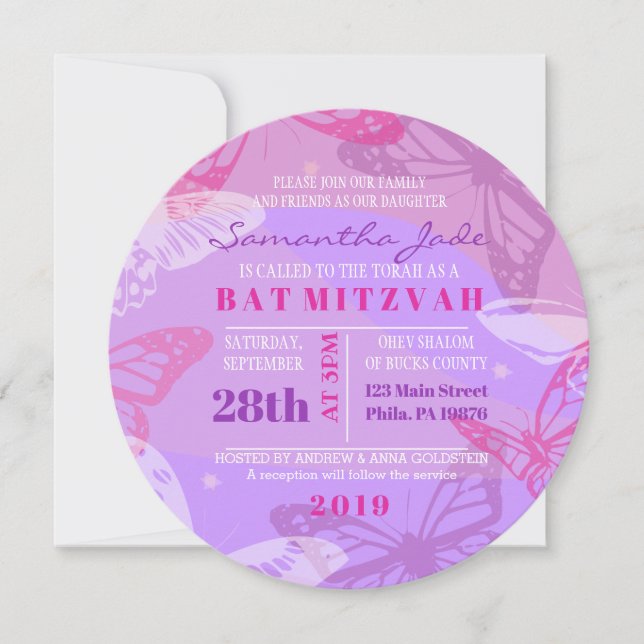 BUTTERFLIES & STARS Round Bat Mitzvah Invitación (Anverso)