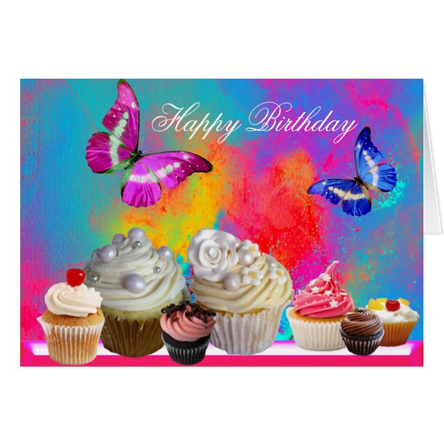 BUTTERFLIES YUMMY CUPCAKES, COLORIDO CUMPLEAÑOS (Anverso (Horizontal))
