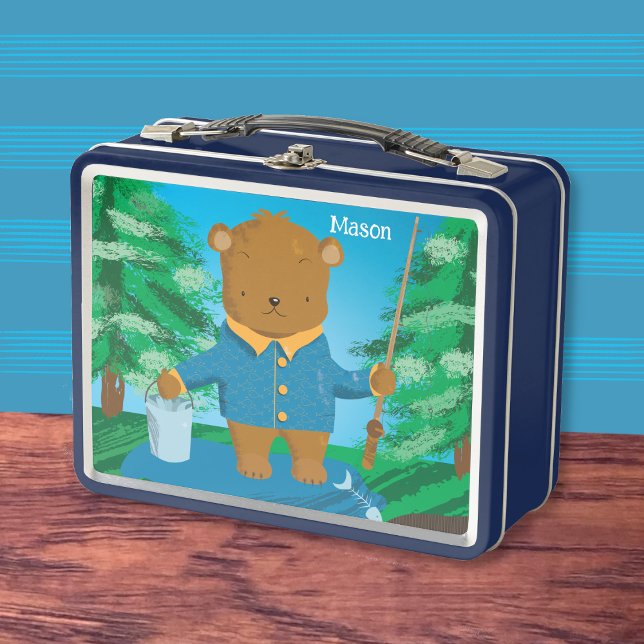 Buzón Metalizado del oso marrón de pesca (Cartoon fishing brown bear kid lunch box with name . )