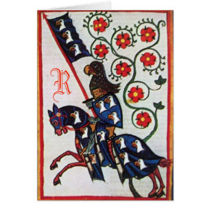 CABALLERO AZUL A CABALLO PERGAMINO MEDIEVAL MONOGR