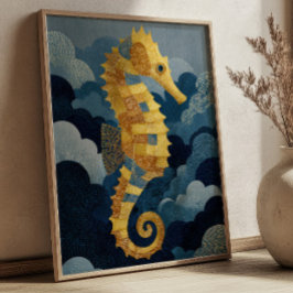 Caballito de mar azul marino y dorado Arte náutico