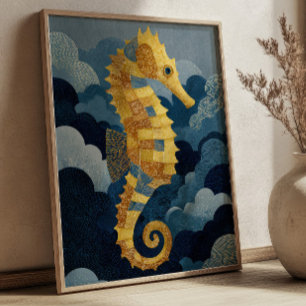 Caballito de mar azul marino y dorado Arte náutico