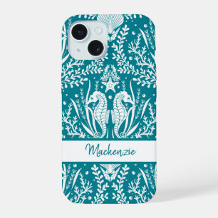 Caballitos de mar Damask Azul Teal Blanco Personal