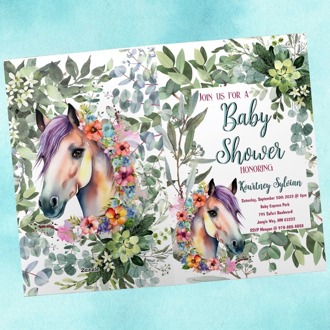 Caballo acuarela y invitación de Baby Shower botán (Watercolor Horse and Botanical Baby Shower Invite)