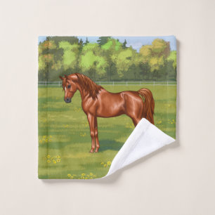 Caballo árabe-egipcio castaño en pastura de primav