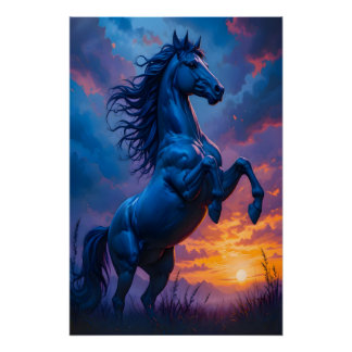Caballo Azul Póster Brillante de Arte de Fantasía