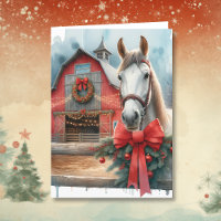 Caballo blanco acuarela y Navidad granja festiva