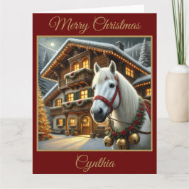 Caballo blanco con tarjeta de Navidades de la casa
