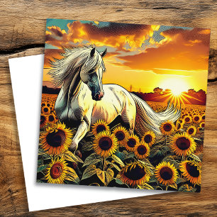 Caballo blanco en campo de girasoles al atardecer