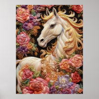 Caballo blanco y Rosas arte de bordado 3D