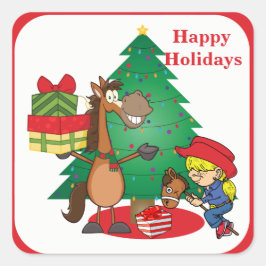 Caballo con regalos y Pegatina de gallina de palo