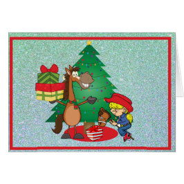 Caballo con regalos y tarjeta de gallina de palo