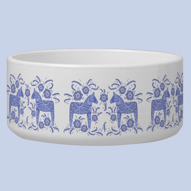 Caballo de dala sueco azul índigo y cuenco blanco (Swedish Dala Horse blue and white pet bowl)